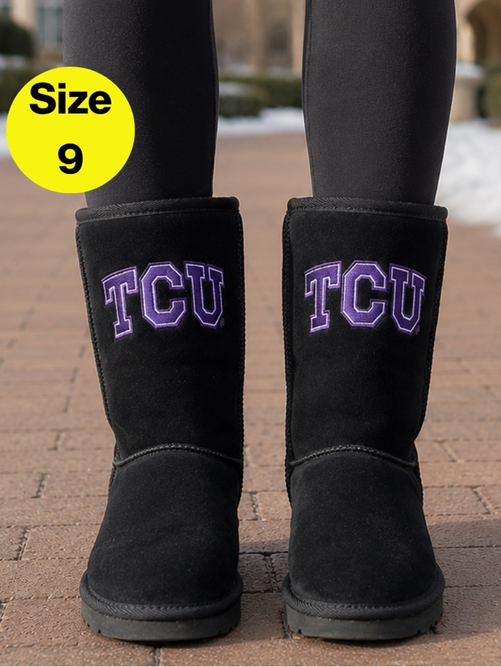 TCU 💜 Women’s Black Suede UGG-Style Calf-High, Faux Fur Boots (Size 9)